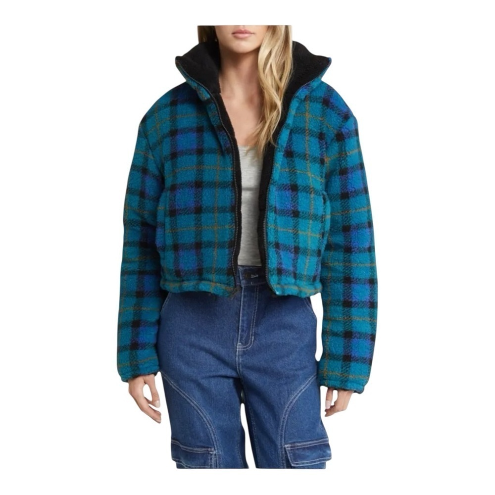 BP. Reversible Crop Faux Shearling Jacket in Blue Classic Tartan NWOT
